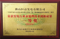 2019年4月佛山恒益發(fā)電有限公司榮獲發(fā)電行業(yè)水處理技術創(chuàng)新成果一等獎